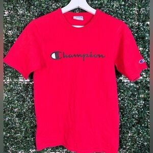 Champion Shirt Mens Small Red Short Sleeve Crew Neck Spell Out Logo Embroidered